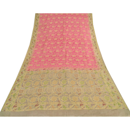 Sanskriti Vintage Beige/Pink Sarees Pure Silk Hand Woven Sari 6+ yd Craft Fabric