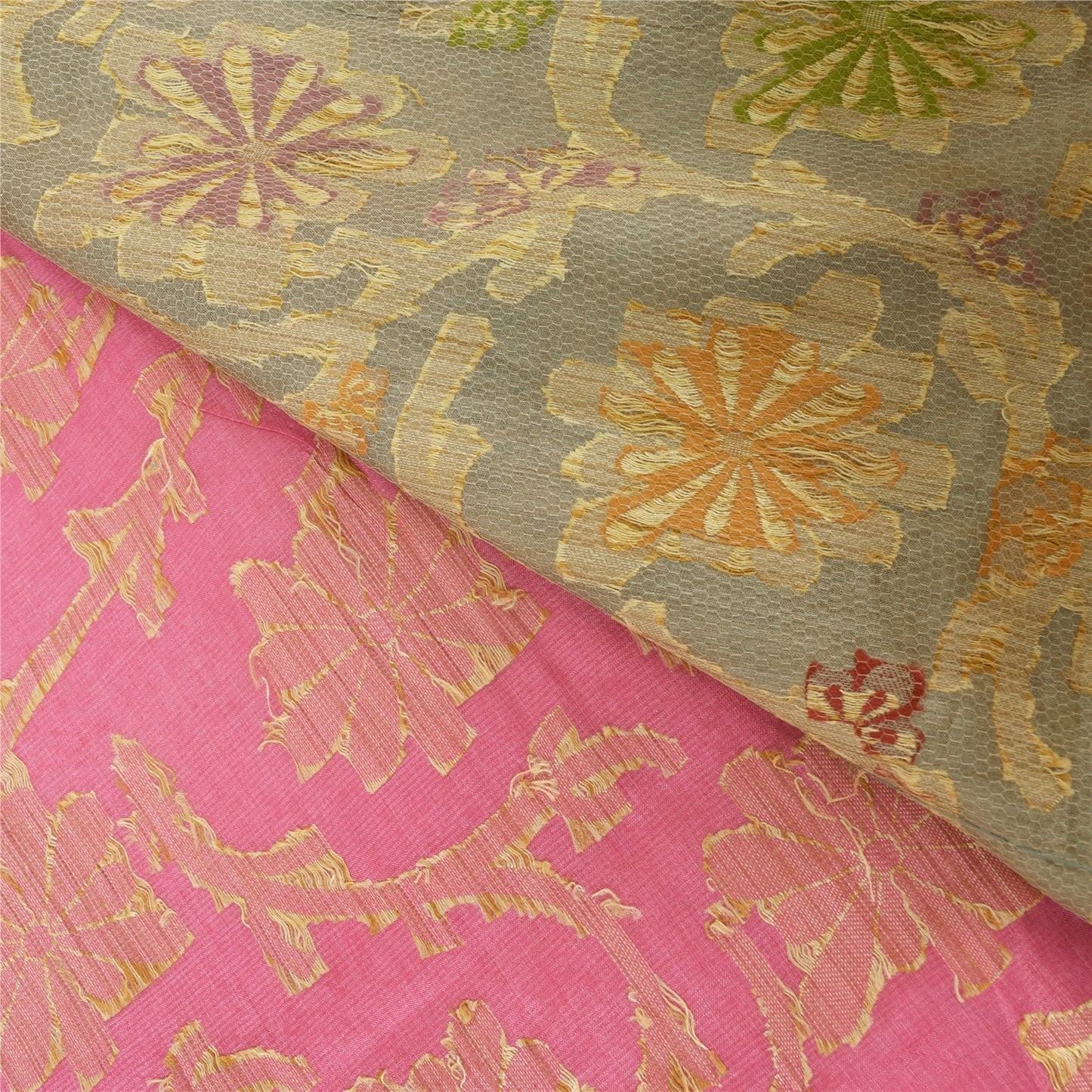 Sanskriti Vintage Beige/Pink Sarees Pure Silk Hand Woven Sari 6+ yd Craft Fabric