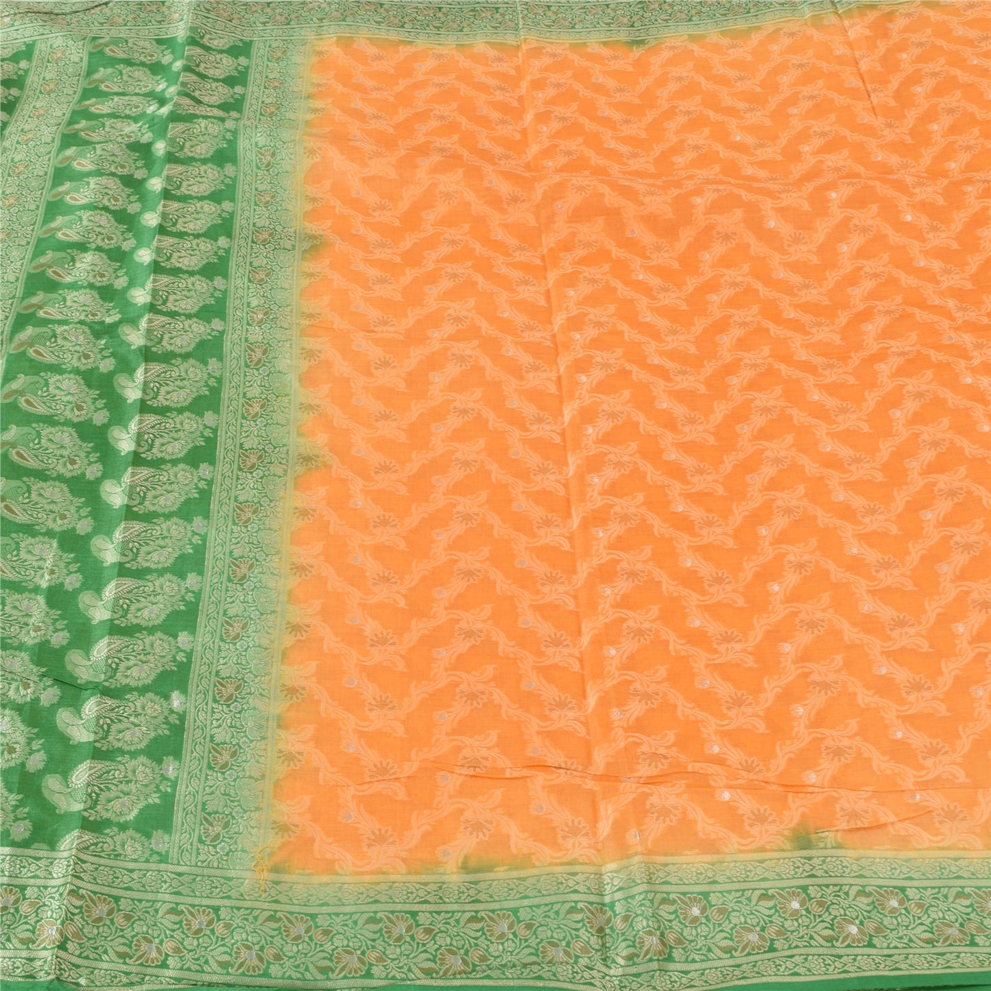 Sanskriti Vintage Green/Orange Sarees Pure Silk Woven Premium Sari Craft Fabric