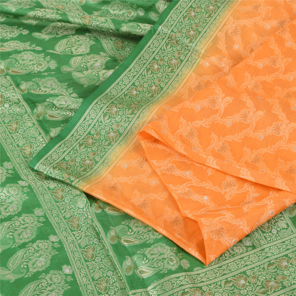 Sanskriti Vintage Green/Orange Sarees Pure Silk Woven Premium Sari Craft Fabric