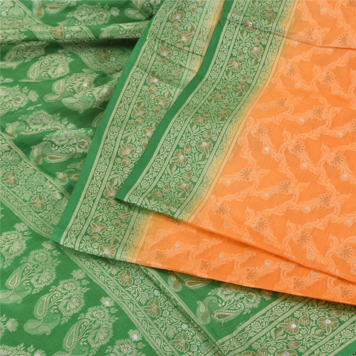 Sanskriti Vintage Green/Orange Sarees Pure Silk Woven Premium Sari Craft Fabric