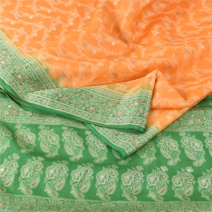 Sanskriti Vintage Green/Orange Sarees Pure Silk Woven Premium Sari Craft Fabric