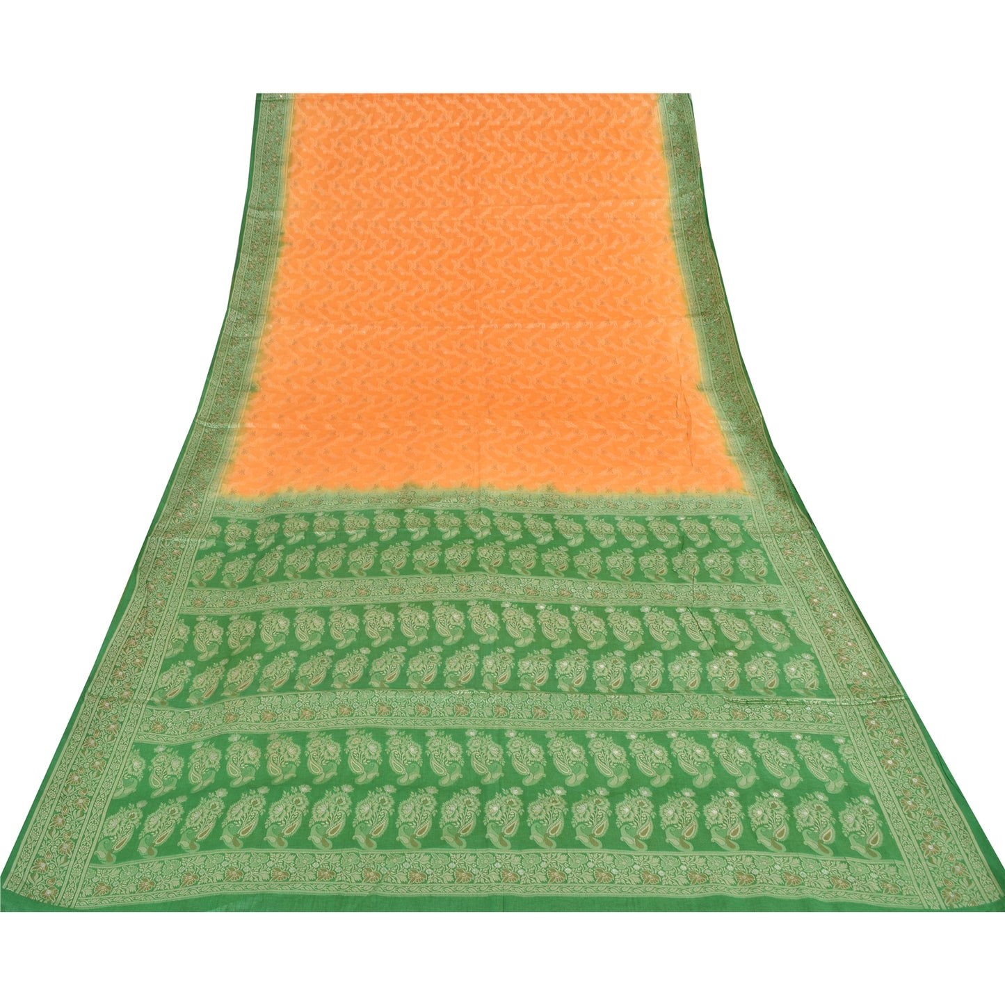 Sanskriti Vintage Green/Orange Sarees Pure Silk Woven Premium Sari Craft Fabric