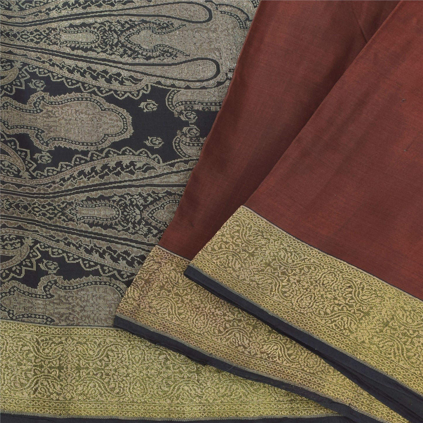 Sanskriti Vintage Sarees Dark Red Hand Woven Pure Silk Sari 5+yd Craft Fabric