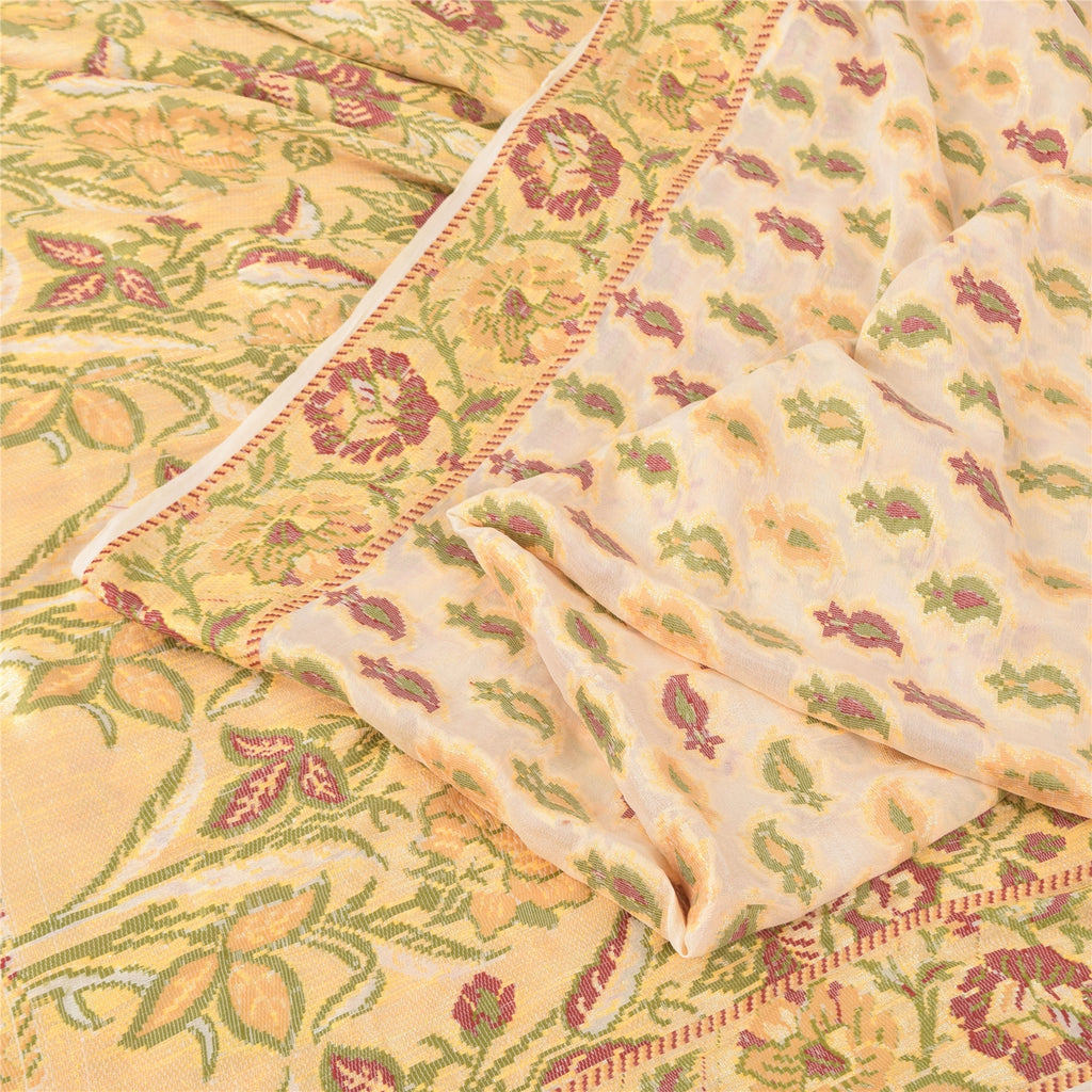 Sanskriti Vintage Sarees Cream/Peach Hand Woven Pure Silk Sari 5+yd Craft Fabric