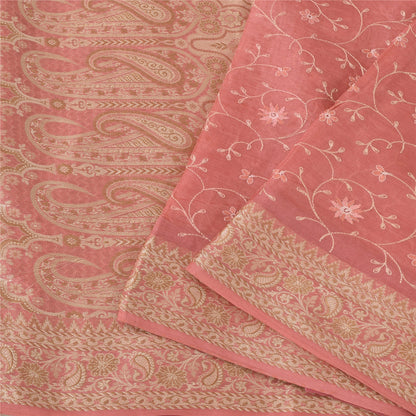 Sanskriti Vintage Pink Sarees Pure Silk Hand Embroidery Woven Sari Craft Fabric