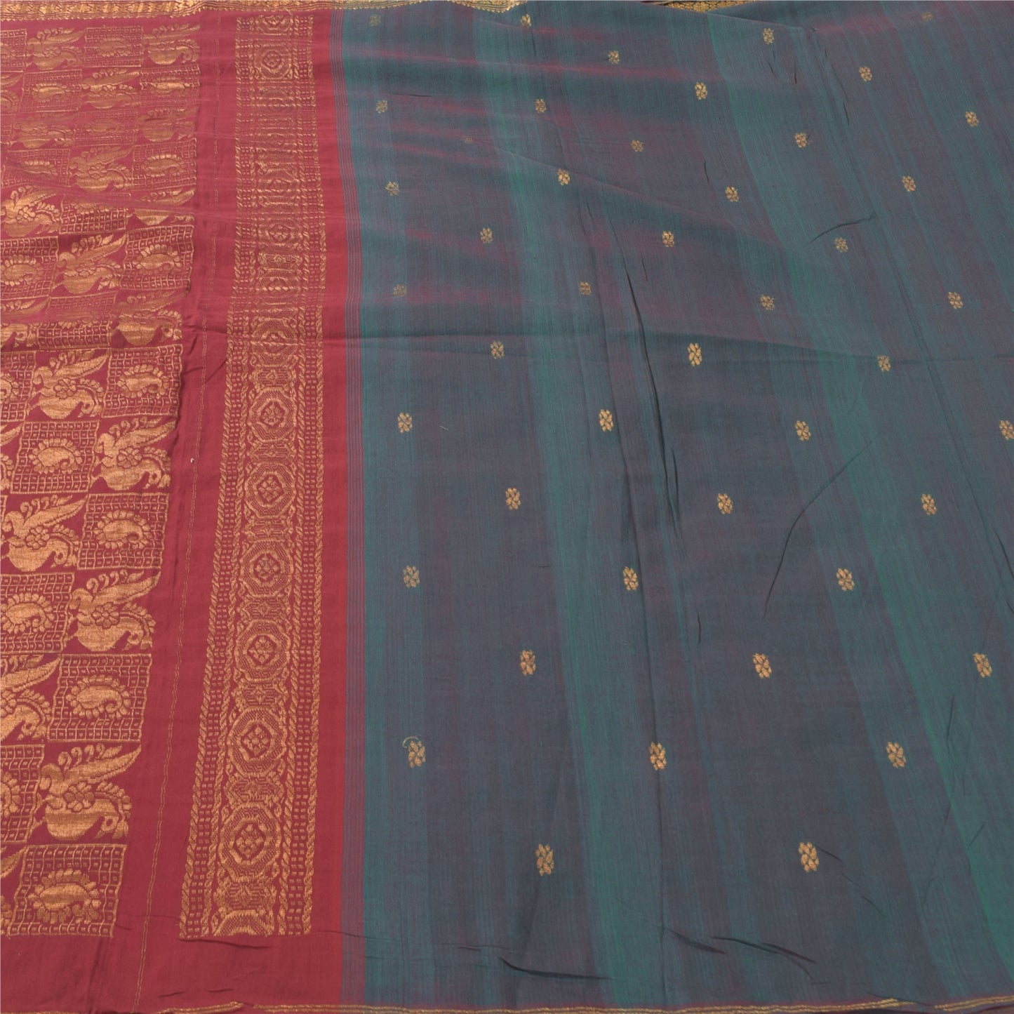 Sanskriti Vintage Green/Red Sarees Pure Cotton Woven Premium Sari Craft Fabric