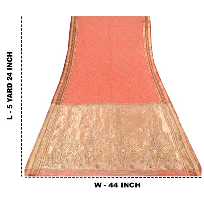 Sanskriti Vintage Indian Peach Sarees Pure Silk Hand Beaded Premium Sari Fabric