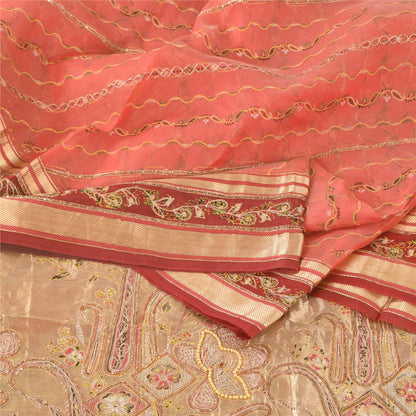 Sanskriti Vintage Indian Peach Sarees Pure Silk Hand Beaded Premium Sari Fabric