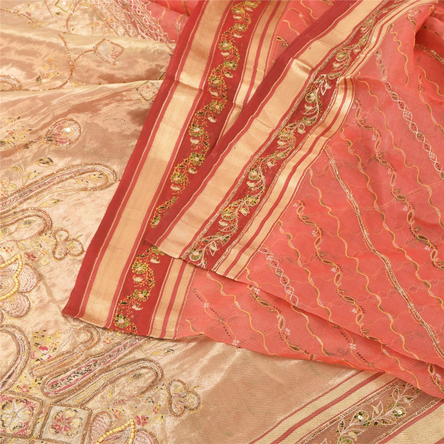 Sanskriti Vintage Indian Peach Sarees Pure Silk Hand Beaded Premium Sari Fabric