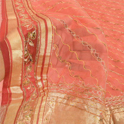 Sanskriti Vintage Indian Peach Sarees Pure Silk Hand Beaded Premium Sari Fabric