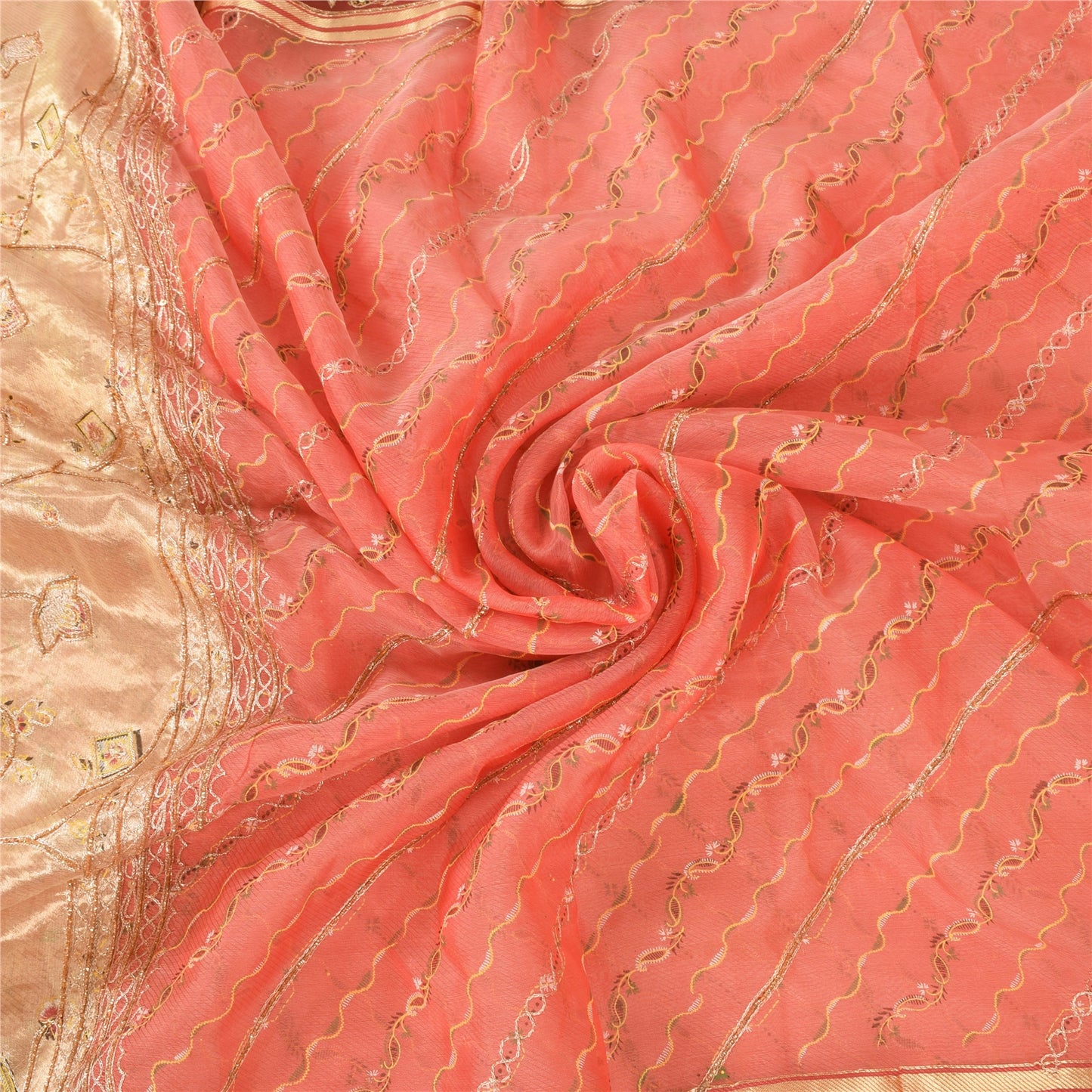 Sanskriti Vintage Indian Peach Sarees Pure Silk Hand Beaded Premium Sari Fabric