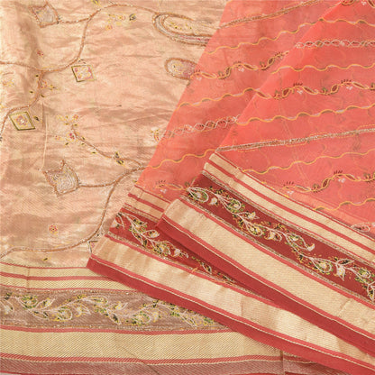 Sanskriti Vintage Indian Peach Sarees Pure Silk Hand Beaded Premium Sari Fabric