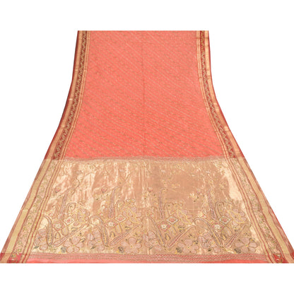 Sanskriti Vintage Indian Peach Sarees Pure Silk Hand Beaded Premium Sari Fabric