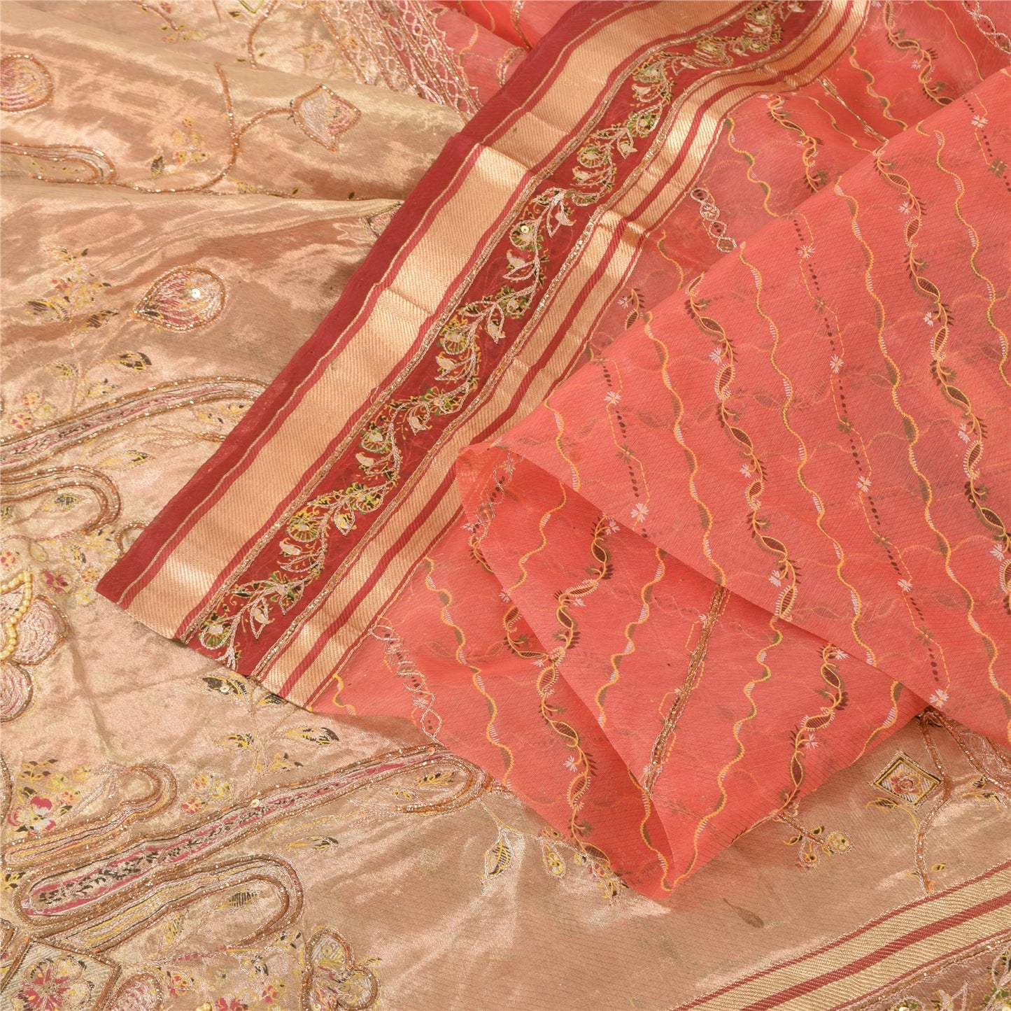 Sanskriti Vintage Indian Peach Sarees Pure Silk Hand Beaded Premium Sari Fabric