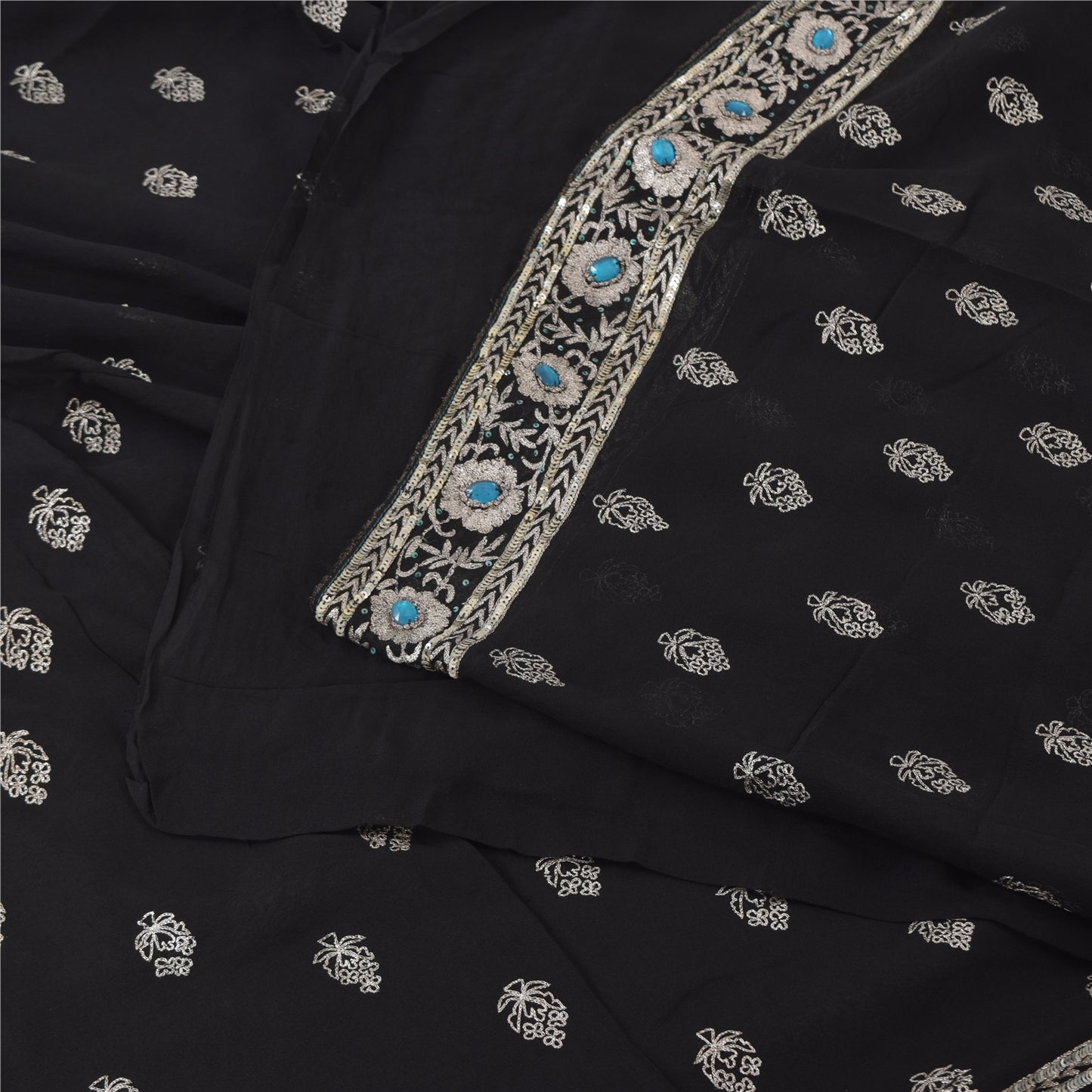 Sanskriti Vintage Black Sarees Pure Georgette Hand Beaded Ethnic Sari 5yd Fabric