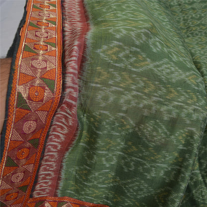 Sanskriti Vintage Saree Green HandWoven Ikat/Patch Pure Cotton Sari Craft Fabric