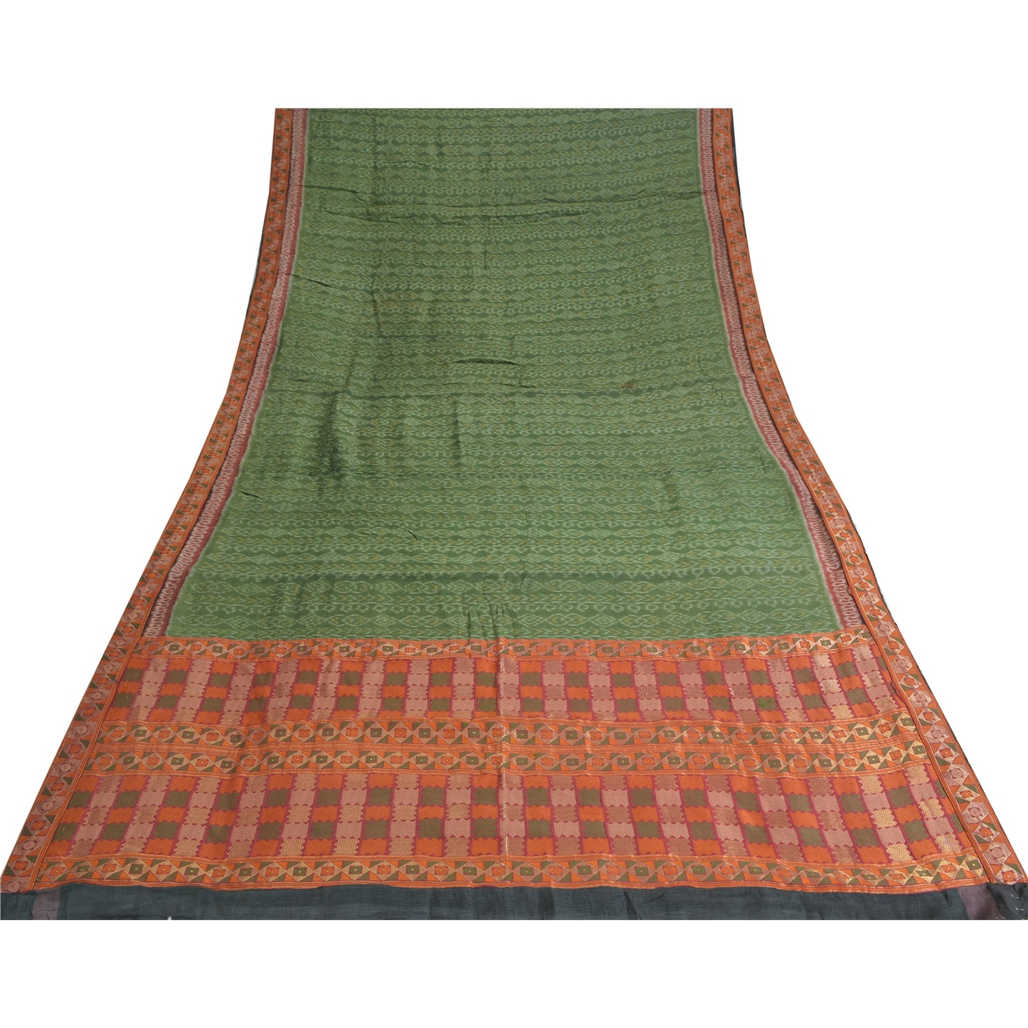 Sanskriti Vintage Saree Green HandWoven Ikat/Patch Pure Cotton Sari Craft Fabric