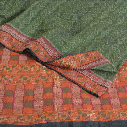 Sanskriti Vintage Saree Green HandWoven Ikat/Patch Pure Cotton Sari Craft Fabric