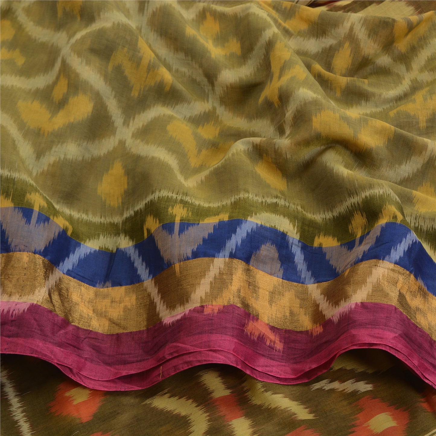 Sanskriti Vintage Saree Green Sambhalpuri HandWoven Ikat Pure Silk Sari Fabric