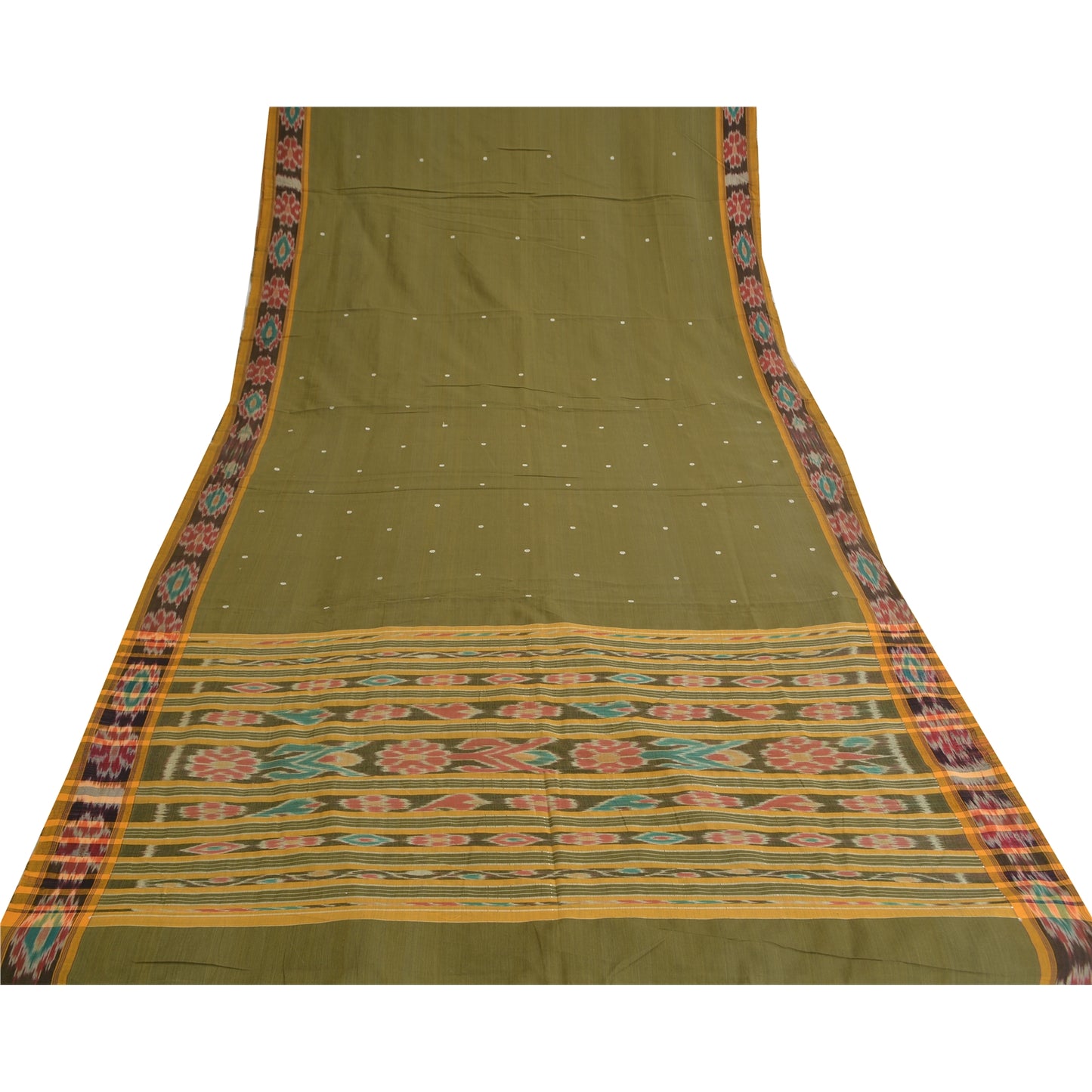 Sanskriti Vintage Saree Green Odisha Hand Woven Ikat Pure Cotton Sari 5yd Fabric