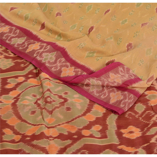 Sanskriti Vintage Saree Yellow/Red Odisha HandWoven Ikat Pure Cotton Sari Fabric