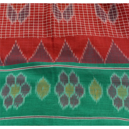 Sanskriti Vintage Saree Red Odisha Hand Woven Ikat Pure Cotton Sari 5yd Fabric