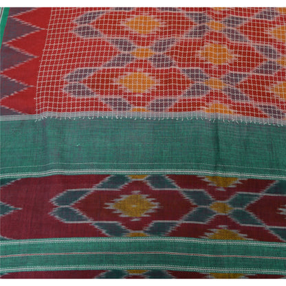 Sanskriti Vintage Saree Red Odisha Hand Woven Ikat Pure Cotton Sari 5yd Fabric