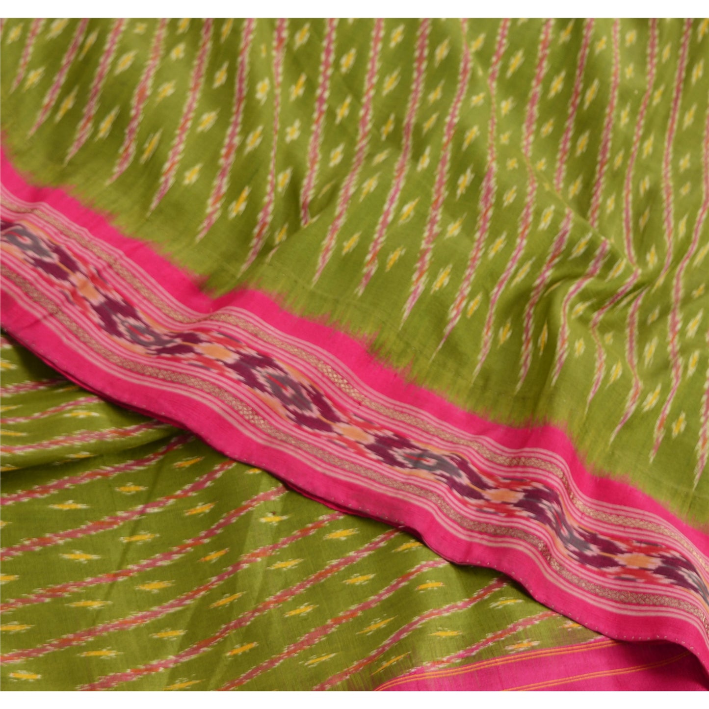 Sanskriti Vintage Sarees Green Pochampally Hand Woven Ikat Pure Silk Sari Fabric