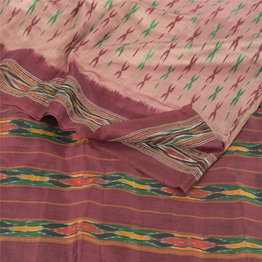 Sanskriti Vintage Sarees Pink Pochampally Hand Woven Ikat Pure Silk Sari Fabric