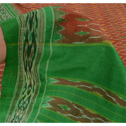 Sanskriti Vintage Saree Pochampally Red HandWoven Ikat Pure Silk Sari 5yd Fabric