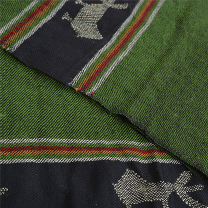 Sanskriti Vintage Long Shawl Green Woven Wool Throw Wrap Thread Work Soft Stole