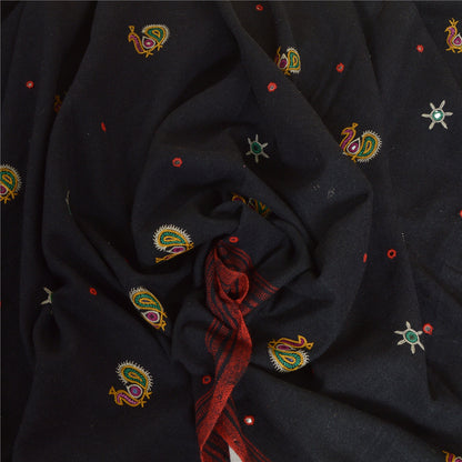 Sanskriti Vintage Long Black Woolen Shawl Embroidered Woven Scarf Throw Stole