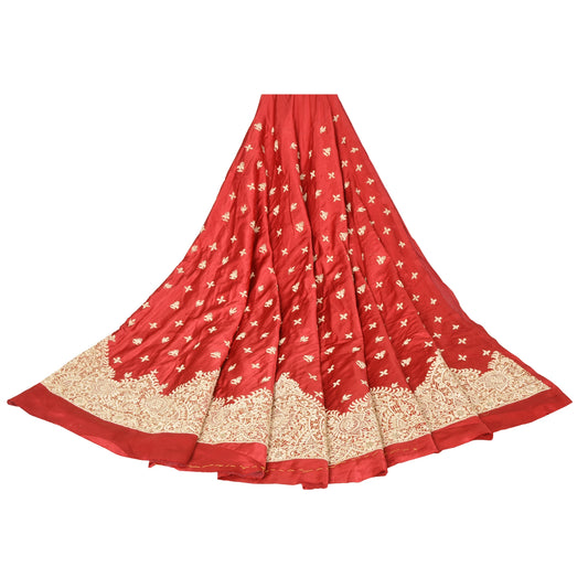 Sanskriti New Long Skirt Pure Satin Silk Red Handmade Unstitched Lehenga