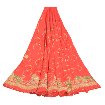 Sanskriti Vintage Long Skirt 100% Pure Silk Red Hand Beaded Unstitched Lehenga