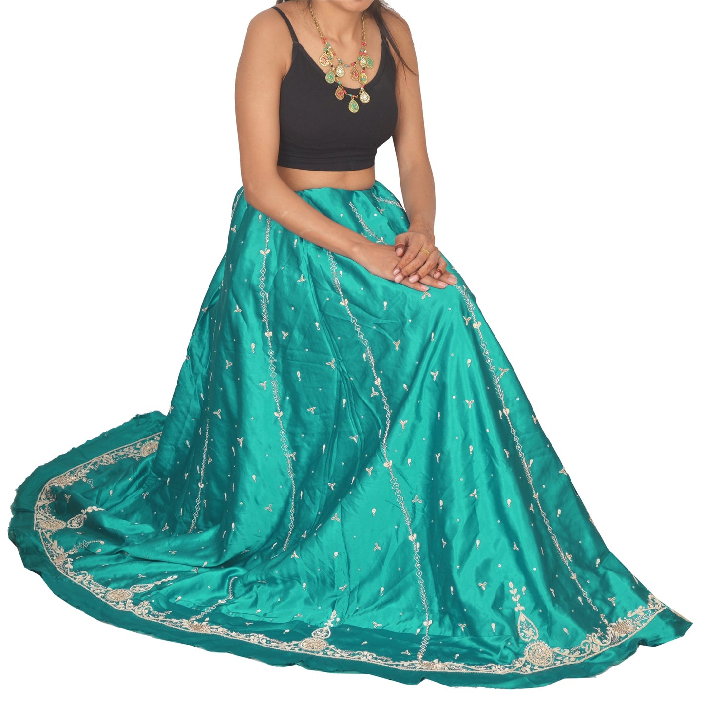 Sanskriti Vintage Long Skirt Pure Satin Silk Green Handmade Unstitched Lehenga