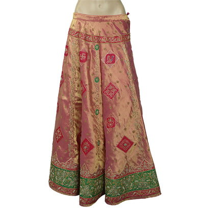 Sanskriti Vintage Indian Bollywood Women Long Skirt Hand Beaded Golden Pink M Size Lehenga