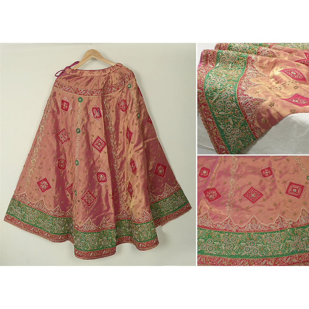 Sanskriti Vintage Indian Bollywood Women Long Skirt Hand Beaded Golden Pink M Size Lehenga