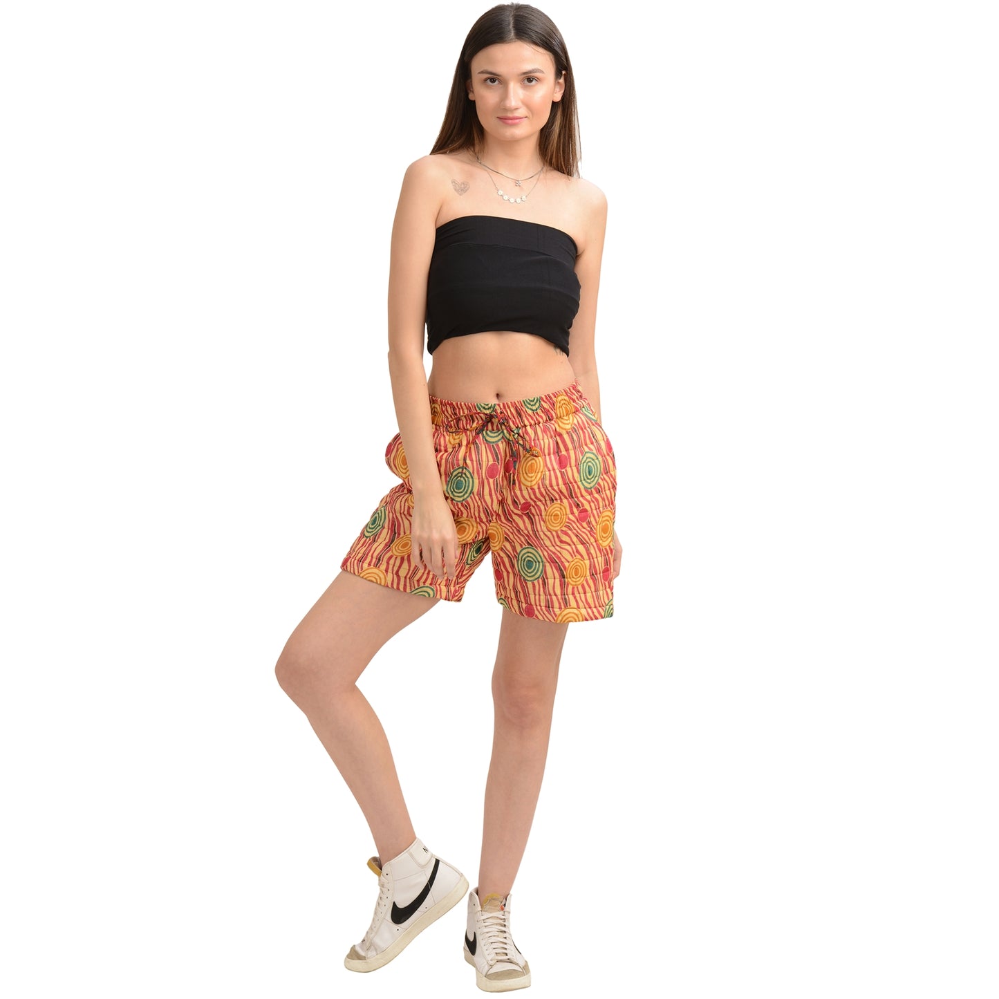 Sanskriti Vintage Quilted Women's Shorts Pockets Upcycled Pure Cotton Adjustable