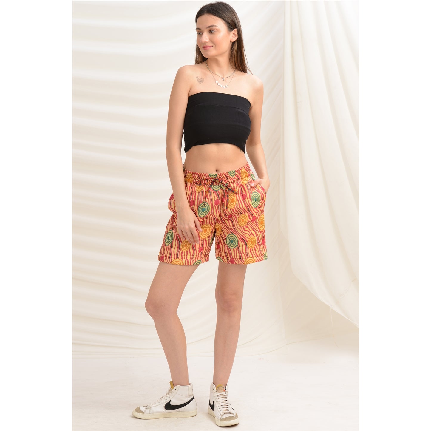 Sanskriti Vintage Quilted Women's Shorts Pockets Upcycled Pure Cotton Adjustable