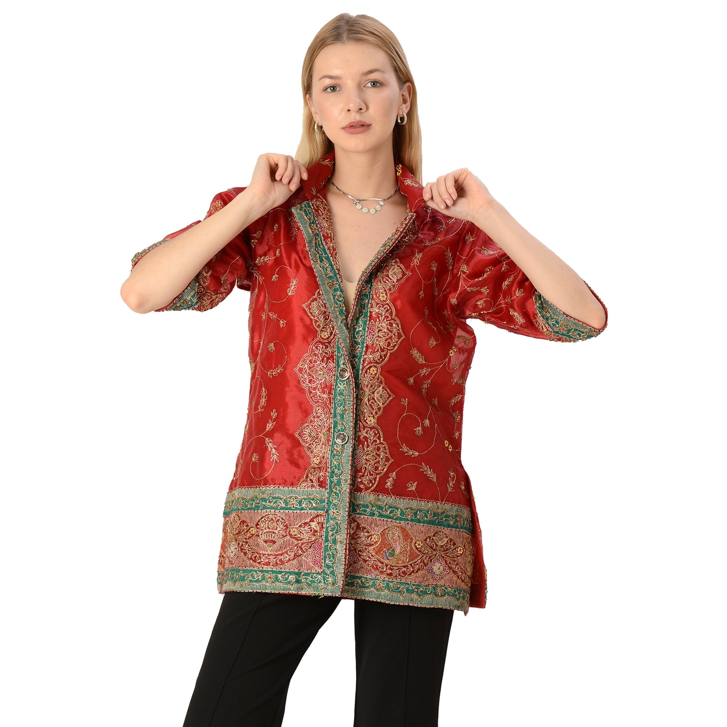 Limited Edition Sanskriti India Red Green Upcycled Blazer