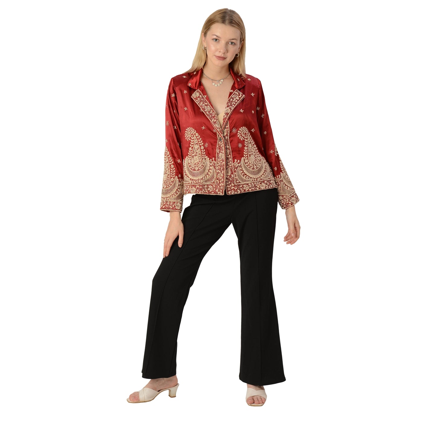 Limited Edition Sanskriti India Red Zardozi Short Blazer Upcycled Satin Jacket Free Size