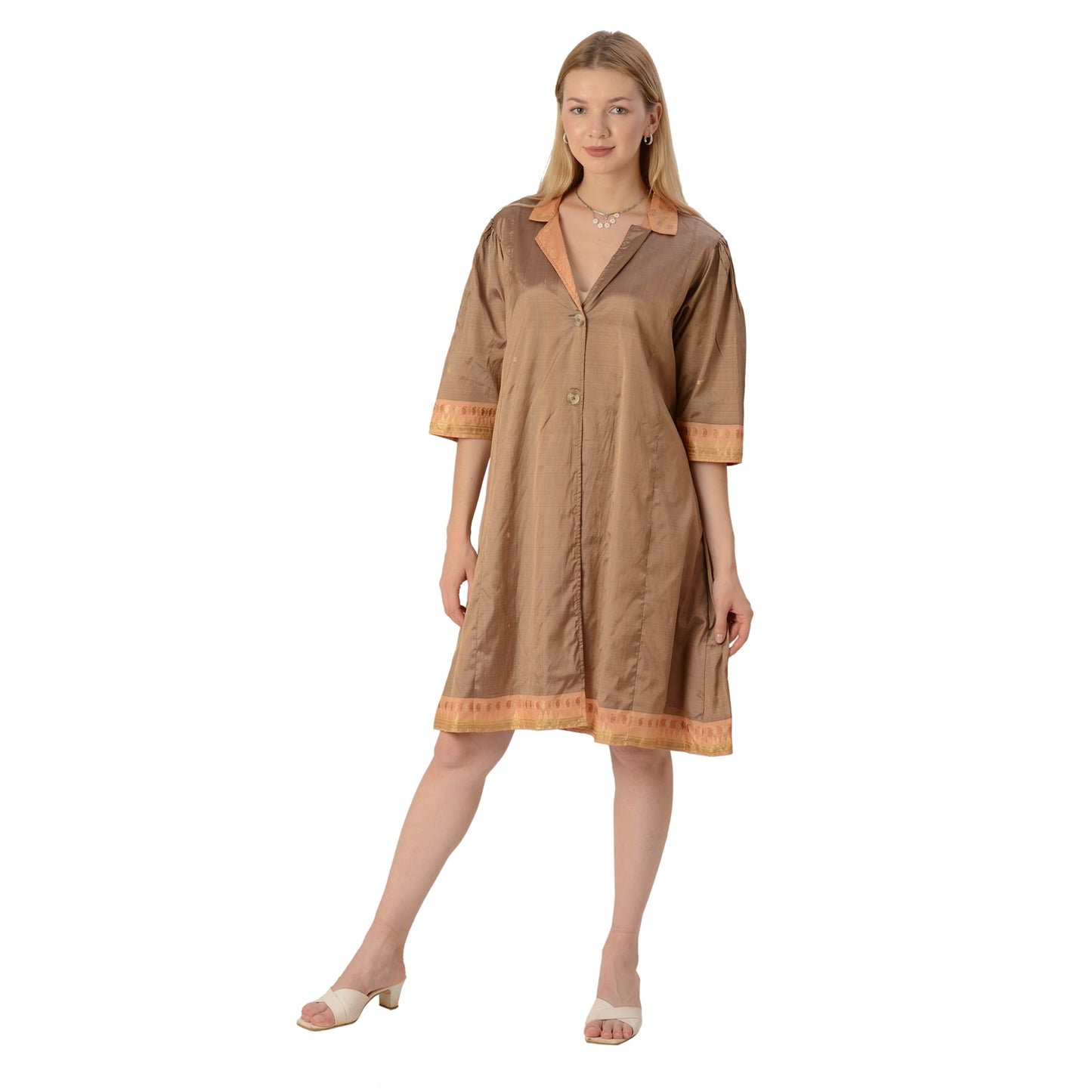 Limited Edition Sanskriti India Upcycled Pure Silk Brown Notch Collar Dress