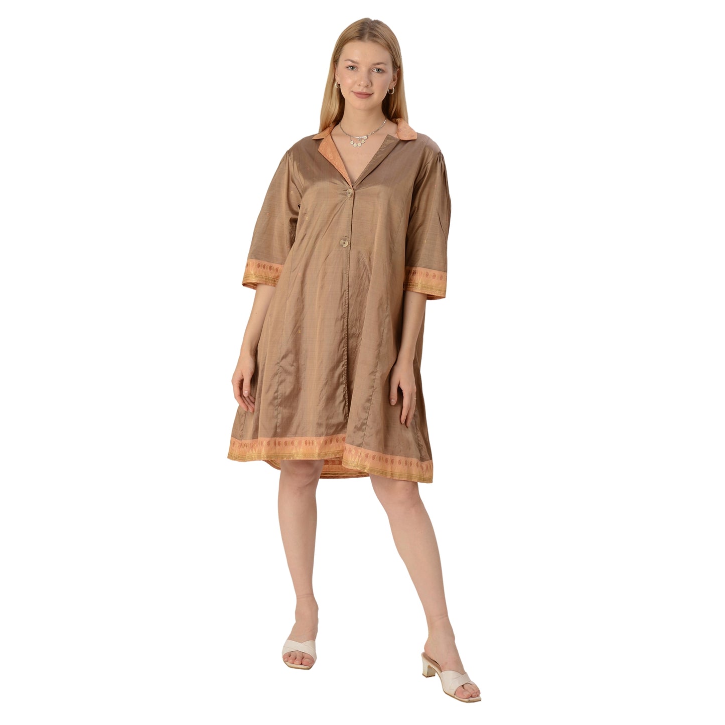 Limited Edition Sanskriti India Upcycled Pure Silk Brown Notch Collar Dress