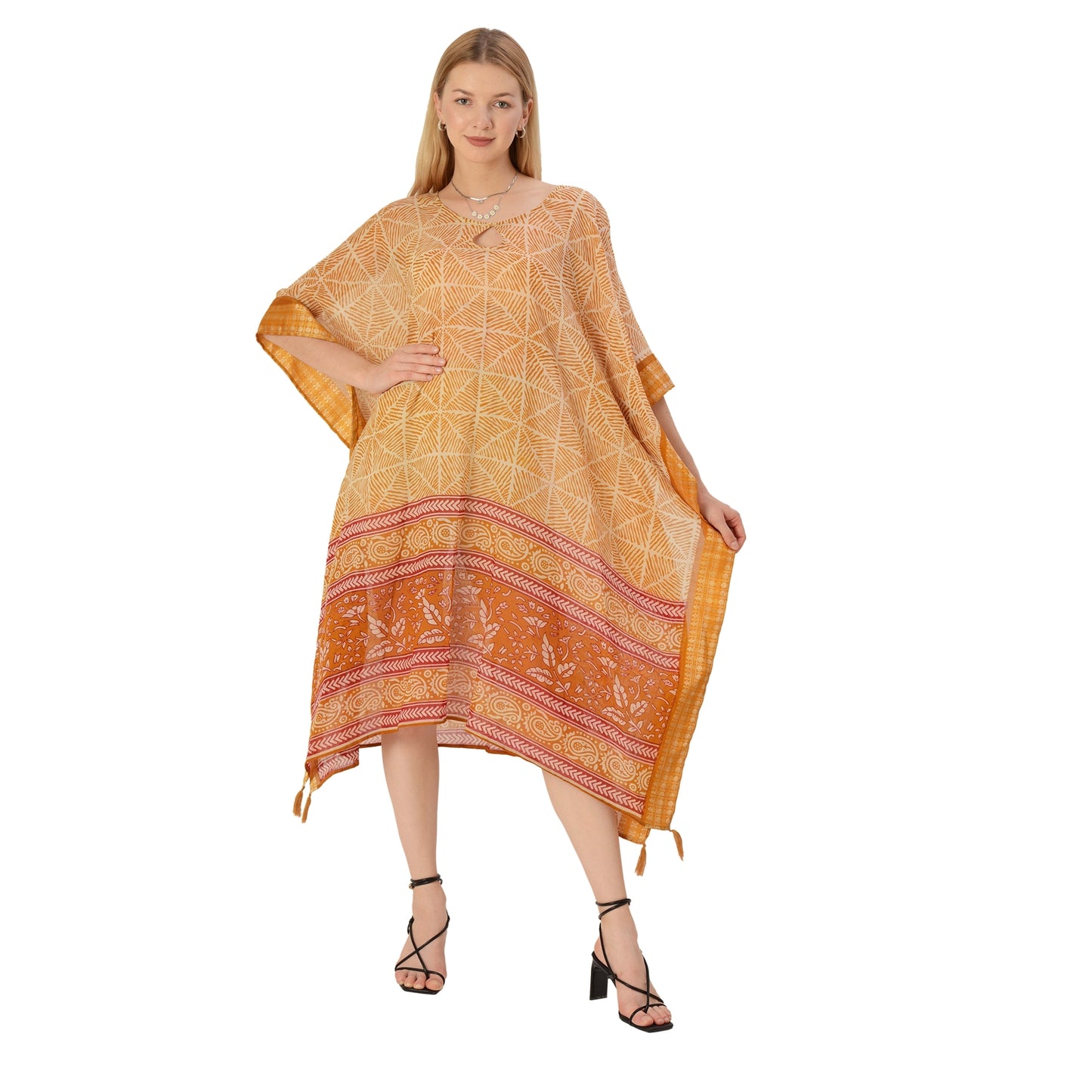 Sanskriti Vintage Limited Edition Keyhole Kaftan Upcycled Pure Cotton Free Size