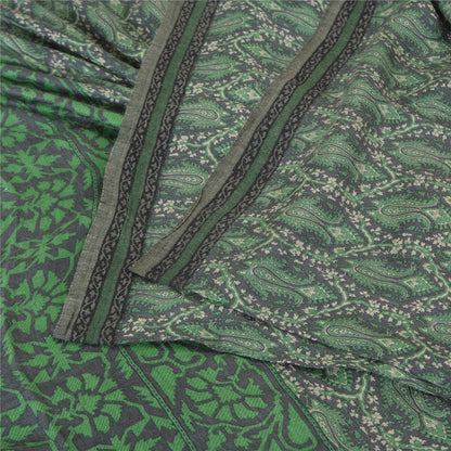 Sanskriti Vintage Sari 100% Pure Woolen Grey/Green Fabric Printed/Woven Sarees