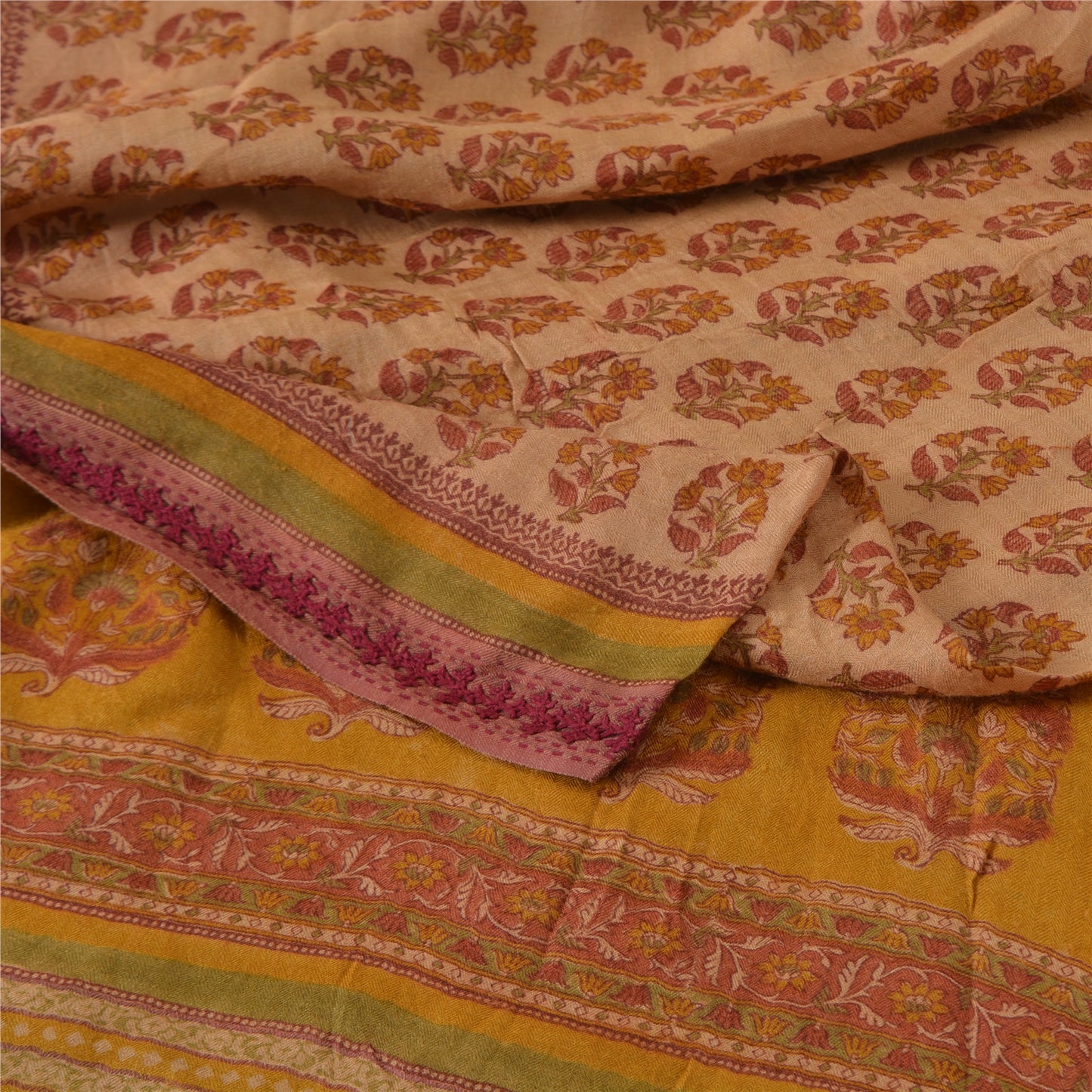 Sanskriti Vintage Sarees Light Brown Pure Woolen Printed Sari 5yd Craft Fabric