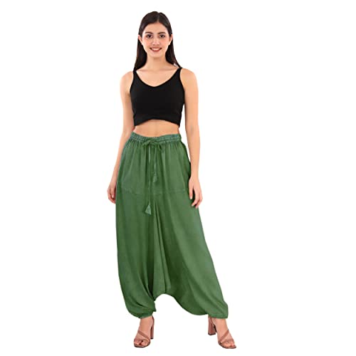 Sanskriti Vintage Skirts N Scarves Unisex Green Color Harem Pants with Elastic Waistband and Drawstring