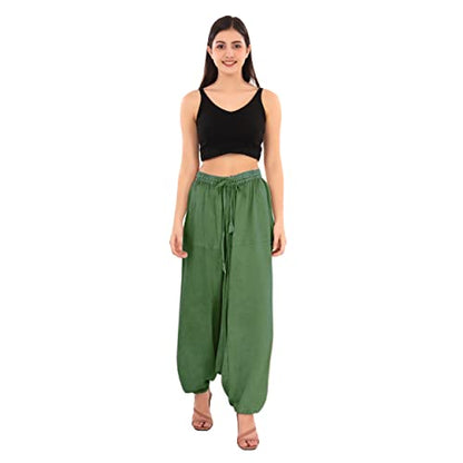 Sanskriti Vintage Skirts N Scarves Unisex Green Color Harem Pants with Elastic Waistband and Drawstring