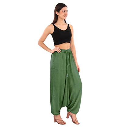 Sanskriti Vintage Skirts N Scarves Unisex Green Color Harem Pants with Elastic Waistband and Drawstring